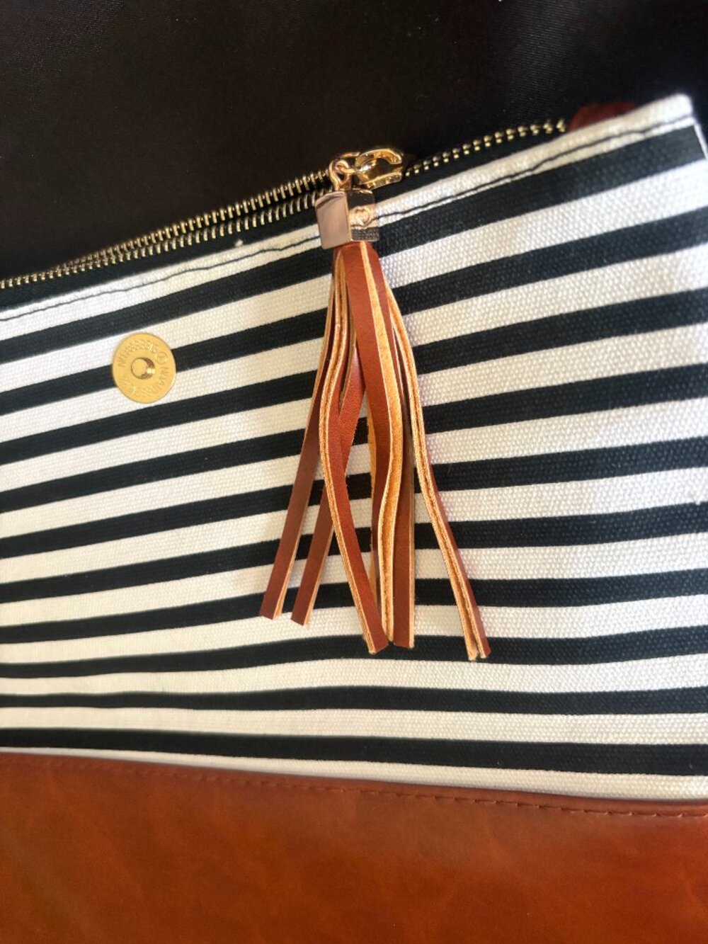 Funky Monkey Large Clutch Black/White Striped Caramel NWOT